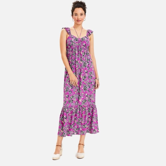 NWT Ann Taylor LOFT Midi / Maxi Dress Purple Clover Ruffle Hem Cap Sleeves 💜🖤💚🤍💛 - Picture 1 of 16